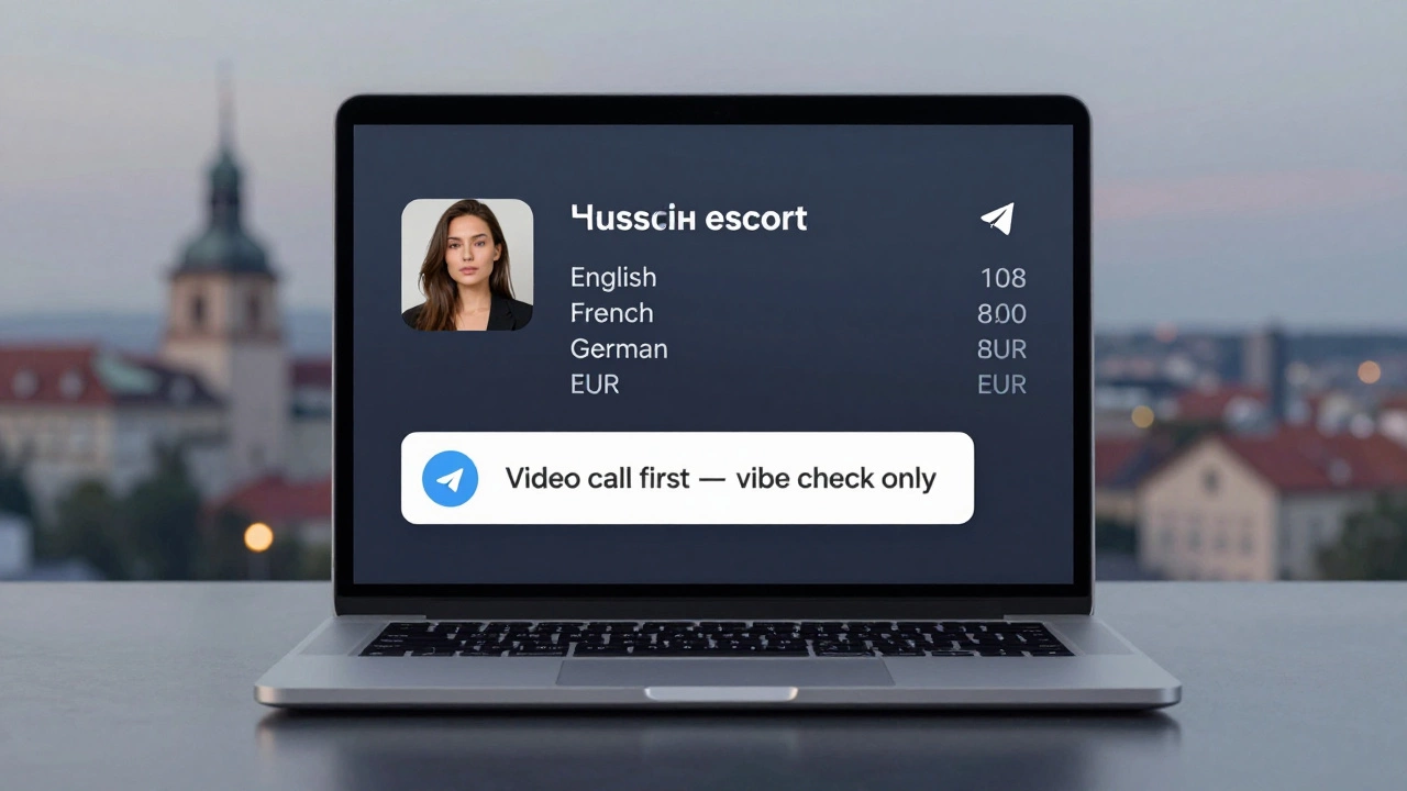 A laptop displays a private Telegram escort profile with languages and rates, set against a blurred city dusk.