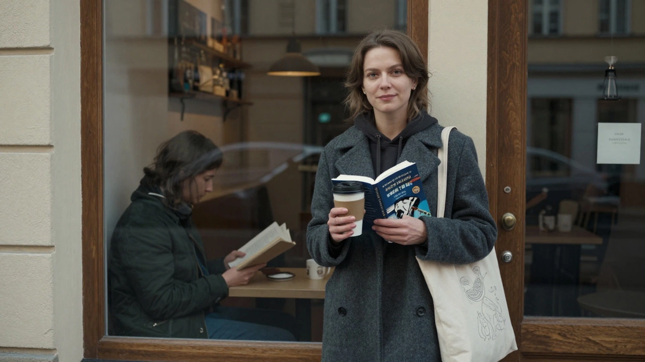 A Russian woman in Berlin stands outside a coffee shop, holding a book and a cup, exuding quiet confidence.