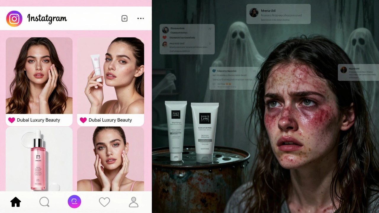 A split image contrasting glamorous fake skincare ads with the dangerous reality of counterfeit products.