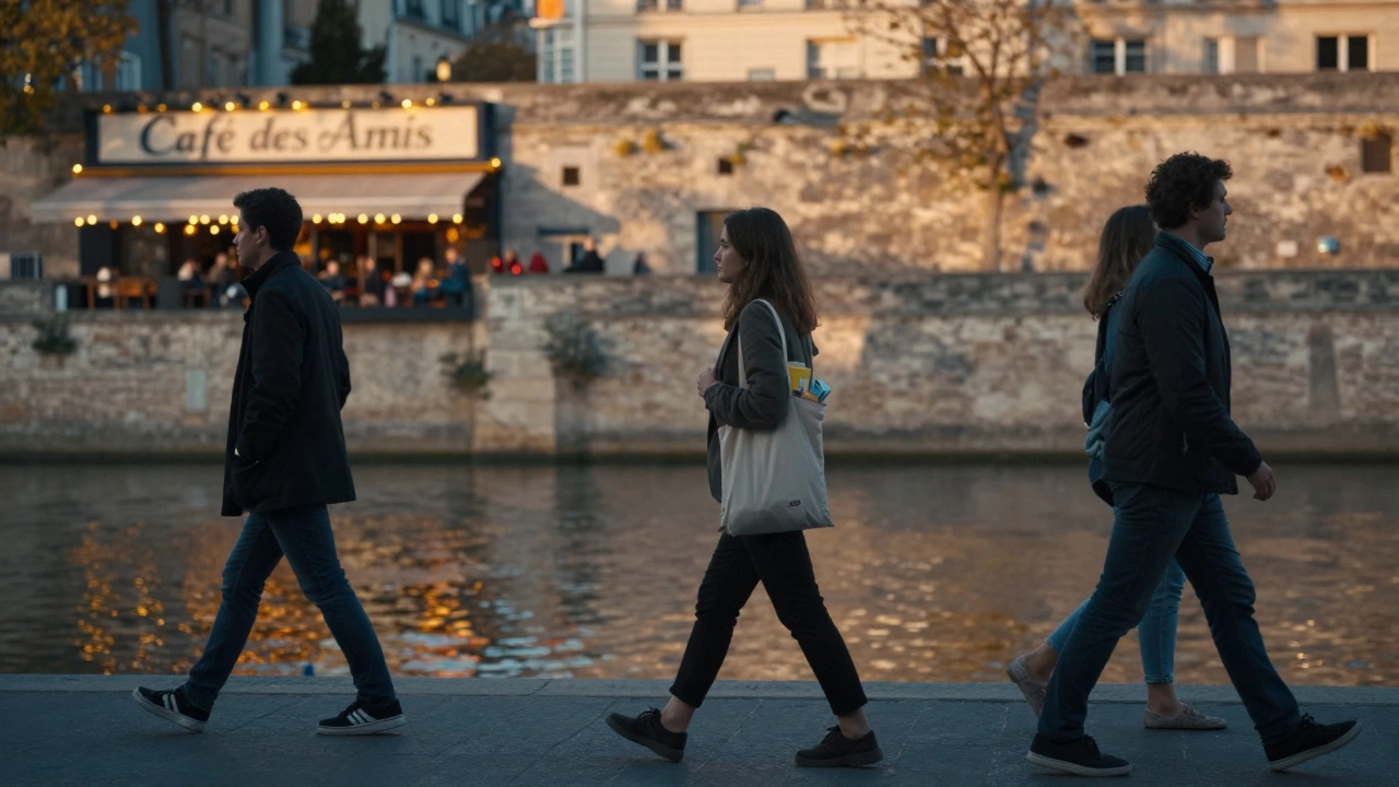 A woman walks alone beside the Seine in Le Marais at golden hour, her reflection shimmering in the water as the city hums around her.