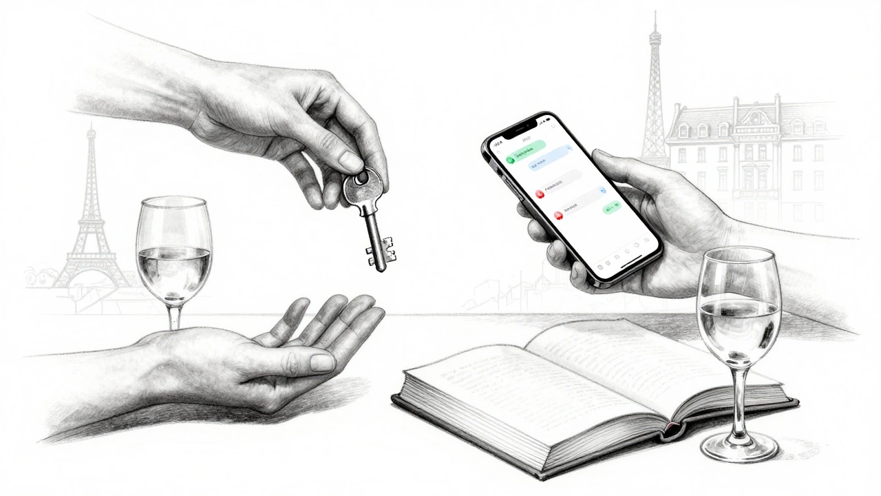 Abstract hands exchanging a key, holding a phone, and placing a book beside wine — symbols of trust and connection in Paris.